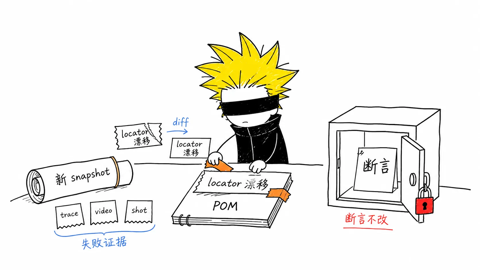 locator 自愈只修漂移，不改断言